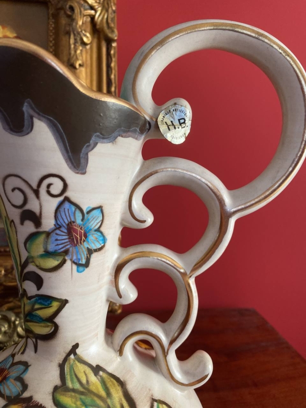 Vintage Hubert Béquet Polychrome Hand-Painted Ceramic Jug with Exotic Floral Decoration and Gilt Handle, Belgium, Mid-20th Century