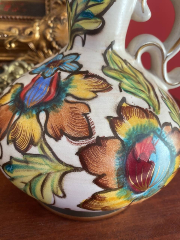 Vintage Hubert Béquet Polychrome Hand-Painted Ceramic Jug with Exotic Floral Decoration and Gilt Handle, Belgium, Mid-20th Century