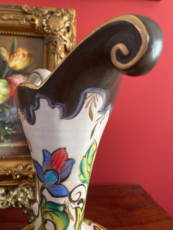 Vintage Hubert Béquet Polychrome Hand-Painted Ceramic Jug with Exotic Floral Decoration and Gilt Handle, Belgium, Mid-20th Century