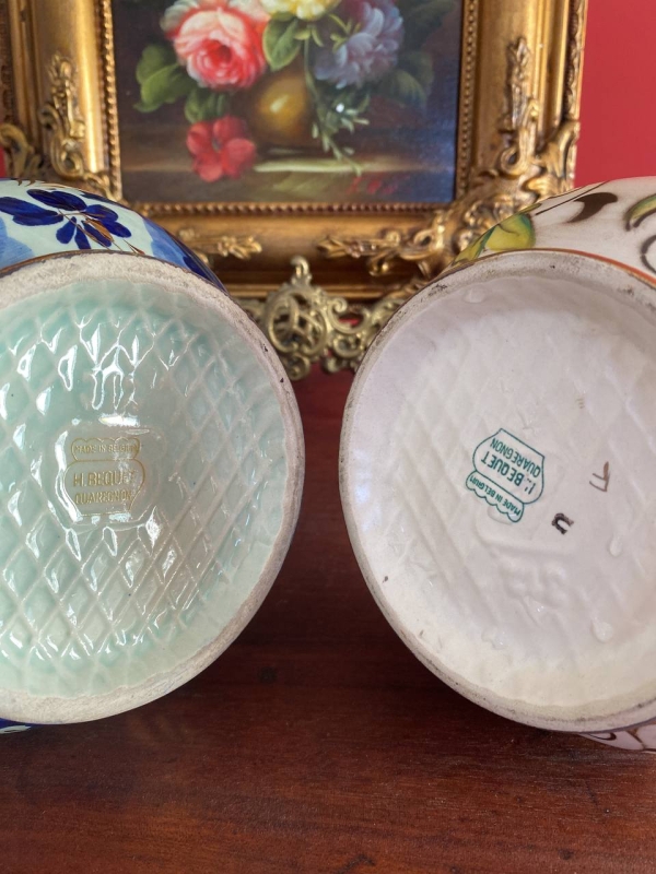 Vintage Hubert Béquet Cobalt Blue Hand-Painted Ceramic Jug with Birds and Gilt Scrolled Handle, Belgium, Mid-20th Century