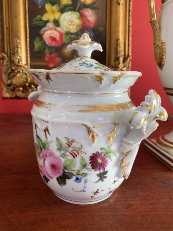 Antique French Old Paris Porcelain Large Covered Sugar Bowl with Hand-Painted Flowers, Figural Handles and Bird Finial, 19th Century