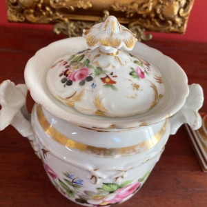 Antique French Old Paris Porcelain Large Covered Sugar Bowl with Hand-Painted Flowers, Figural Handles and Bird Finial, 19th Century