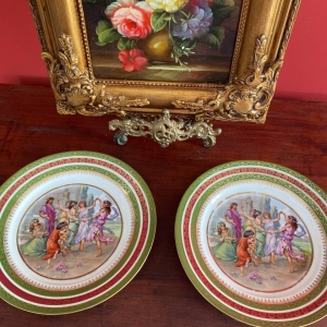 Pair of Antique Moritz Zdekauer MZ Austria Plates with Dancing Greek Nymphs