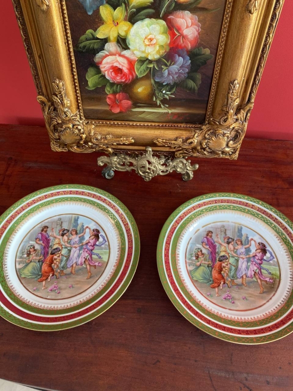 Pair of Antique Moritz Zdekauer MZ Austria Plates with Dancing Greek Nymphs