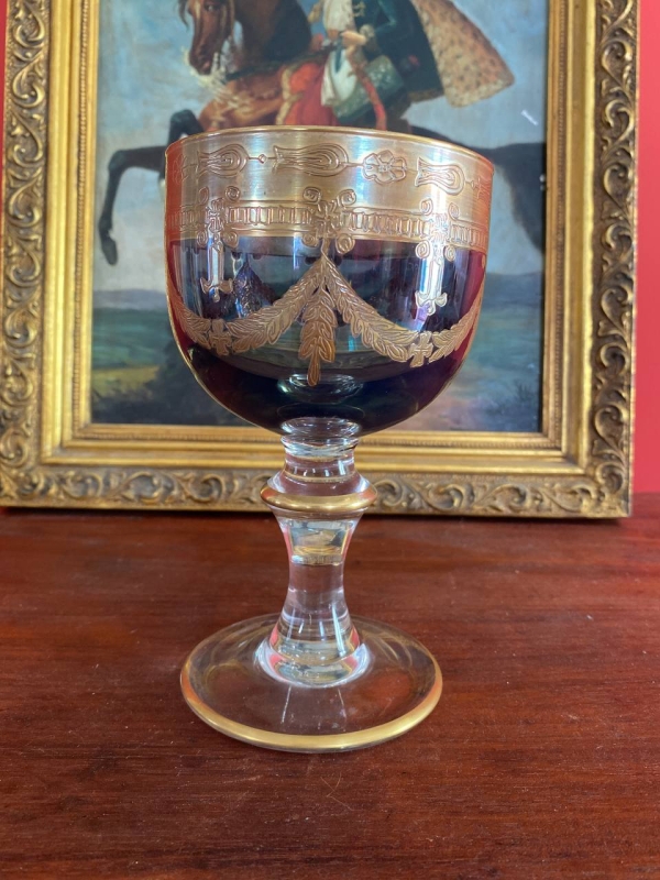 Interglass Italy Luxury Crystal Goblet, Ruby Bowl with 24k Gold Engraved Neoclassical Decoration, Medici Form
