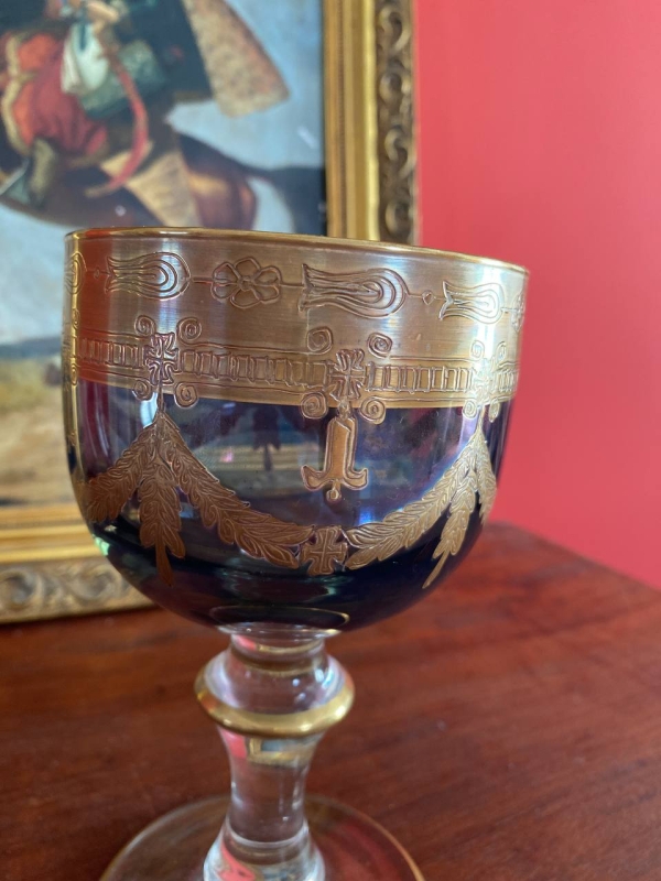 Interglass Italy Luxury Crystal Goblet, Ruby Bowl with 24k Gold Engraved Neoclassical Decoration, Medici Form