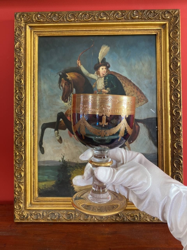 Interglass Italy Luxury Crystal Goblet, Ruby Bowl with 24k Gold Engraved Neoclassical Decoration, Medici Form