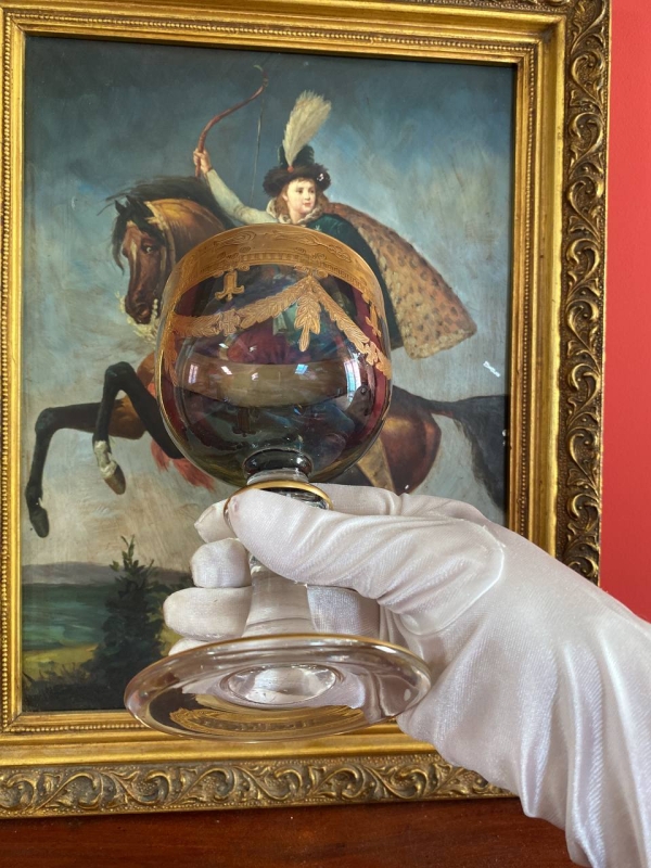 Interglass Italy Luxury Crystal Goblet, Ruby Bowl with 24k Gold Engraved Neoclassical Decoration, Medici Form