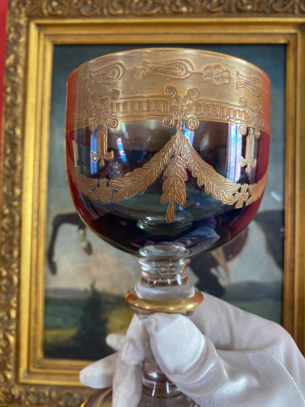 Interglass Italy Luxury Crystal Goblet, Ruby Bowl with 24k Gold Engraved Neoclassical Decoration, Medici Form