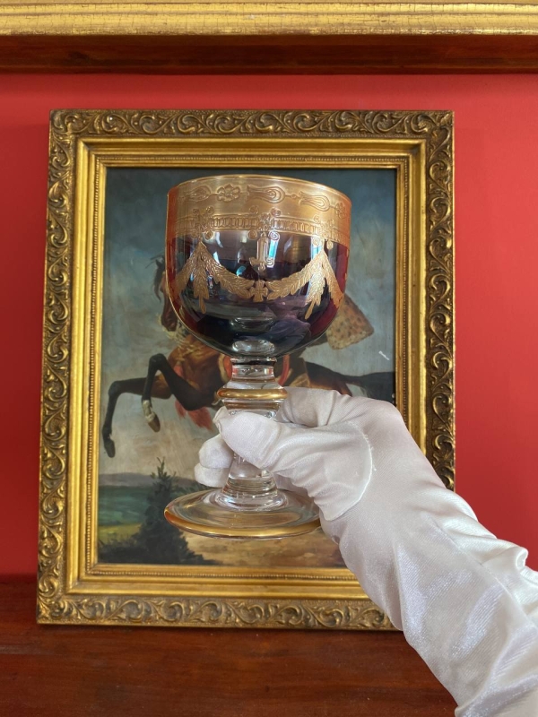 Interglass Italy Luxury Crystal Goblet, Ruby Bowl with 24k Gold Engraved Neoclassical Decoration, Medici Form