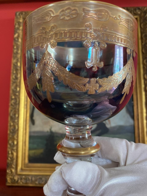 Interglass Italy Luxury Crystal Goblet, Ruby Bowl with 24k Gold Engraved Neoclassical Decoration, Medici Form