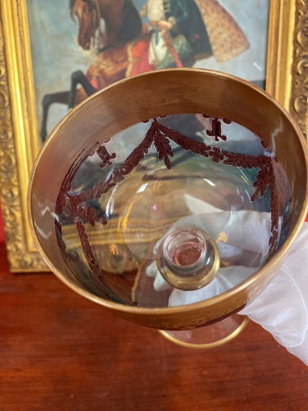 Interglass Italy Luxury Crystal Goblet, Ruby Bowl with 24k Gold Engraved Neoclassical Decoration, Medici Form