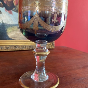 Interglass Italy Luxury Crystal Goblet, Ruby Bowl with 24k Gold Engraved Neoclassical Decoration, Medici Form