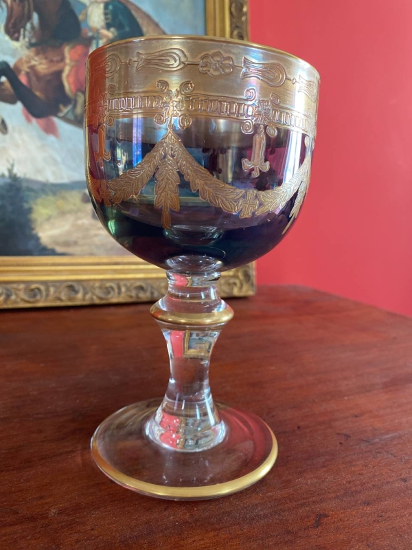 Interglass Italy Luxury Crystal Goblet, Ruby Bowl with 24k Gold Engraved Neoclassical Decoration, Medici Form