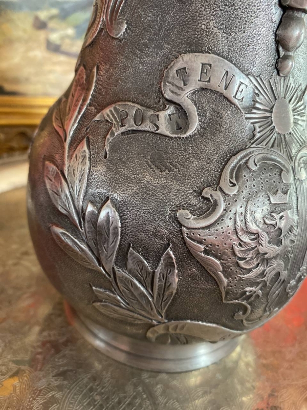 Antique Swiss Geneva Royal Wine Jug in Pewter, 19th Century, Post Tenebras Lux