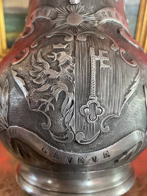 Antique Swiss Geneva Royal Wine Jug in Pewter, 19th Century, Post Tenebras Lux