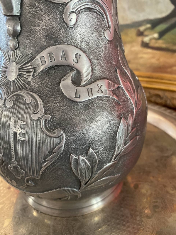 Antique Swiss Geneva Royal Wine Jug in Pewter, 19th Century, Post Tenebras Lux