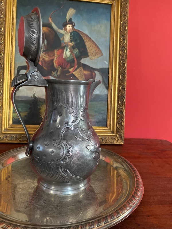 Antique Swiss Geneva Royal Wine Jug in Pewter, 19th Century, Post Tenebras Lux