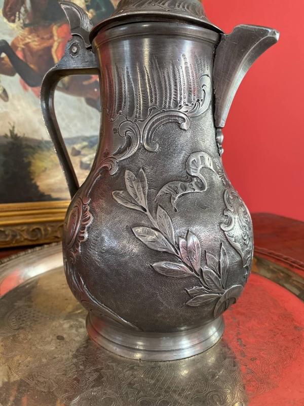 Antique Swiss Geneva Royal Wine Jug in Pewter, 19th Century, Post Tenebras Lux