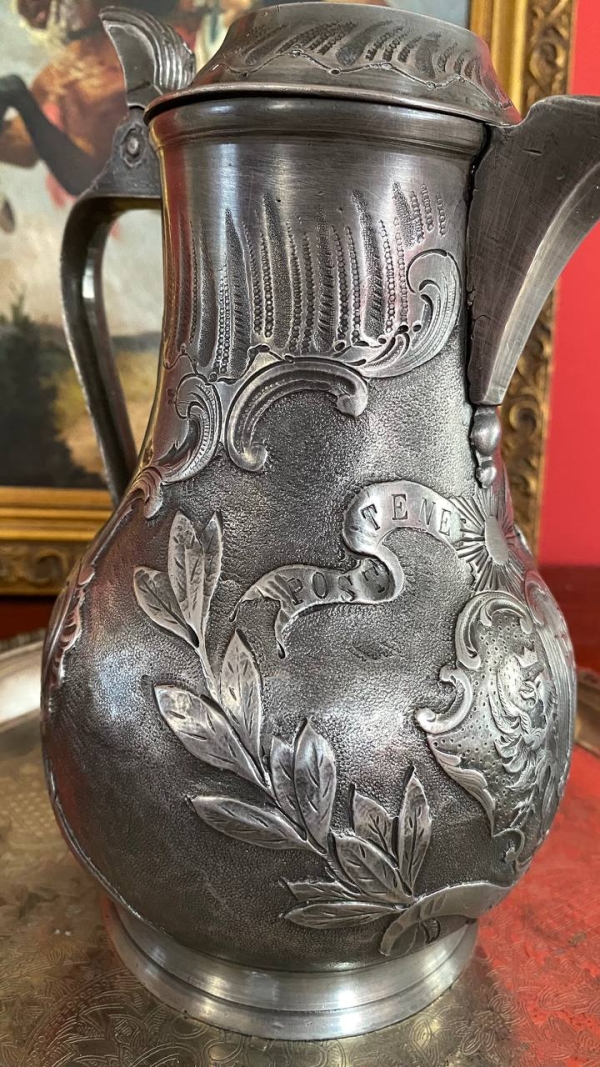 Antique Swiss Geneva Royal Wine Jug in Pewter, 19th Century, Post Tenebras Lux