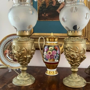 Antique Brass Electric Table Lamps with Frosted Glass Shades, Possibly Italian, Set of Two