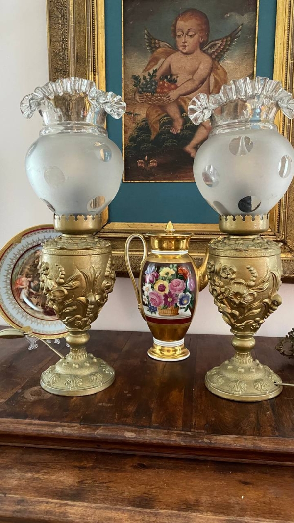 Antique Brass Electric Table Lamps with Frosted Glass Shades, Possibly Italian, Set of Two
