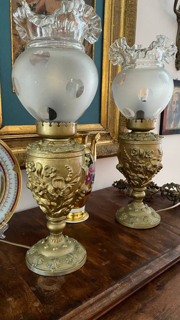 Antique Brass Electric Table Lamps with Frosted Glass Shades, Possibly Italian, Set of Two
