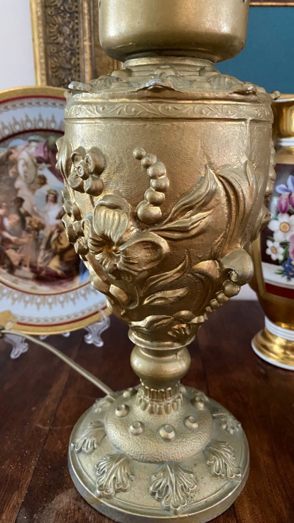 Antique Brass Electric Table Lamps with Frosted Glass Shades, Possibly Italian, Set of Two