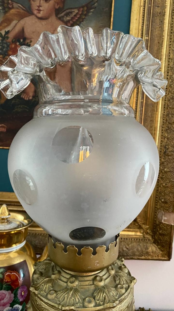 Antique Brass Electric Table Lamps with Frosted Glass Shades, Possibly Italian, Set of Two