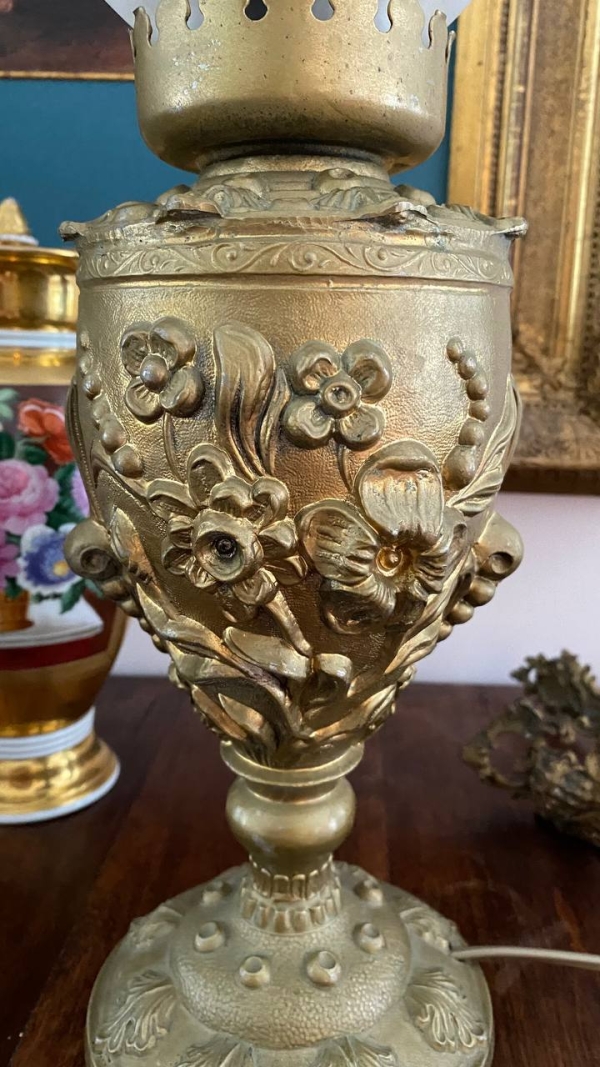 Antique Brass Electric Table Lamps with Frosted Glass Shades, Possibly Italian, Set of Two