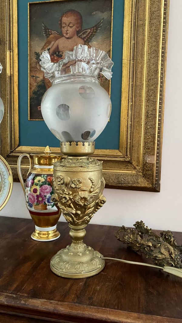 Antique Brass Electric Table Lamps with Frosted Glass Shades, Possibly Italian, Set of Two