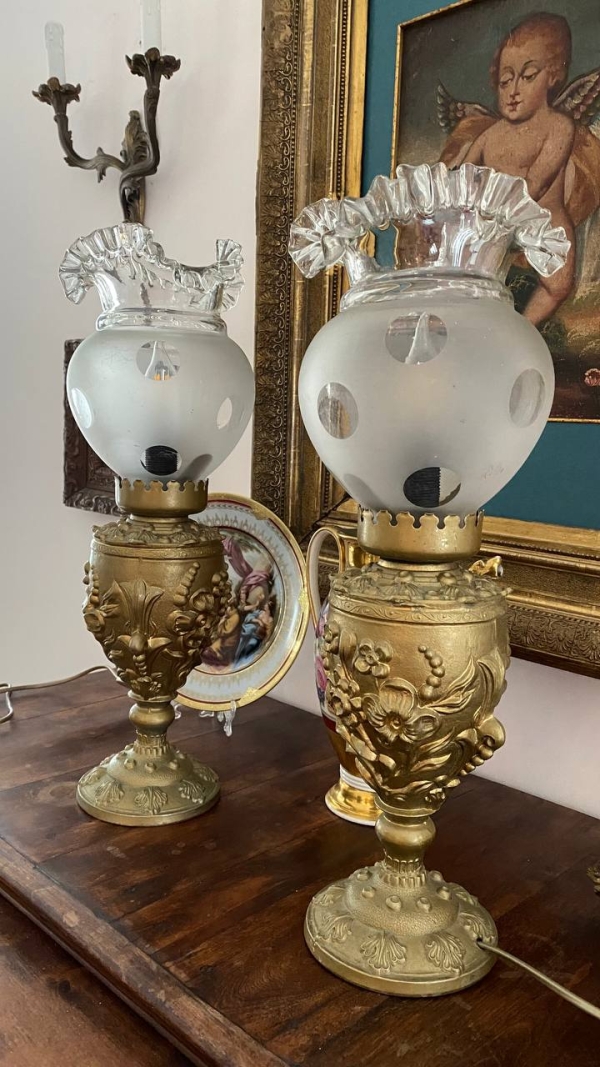 Antique Brass Electric Table Lamps with Frosted Glass Shades, Possibly Italian, Set of Two