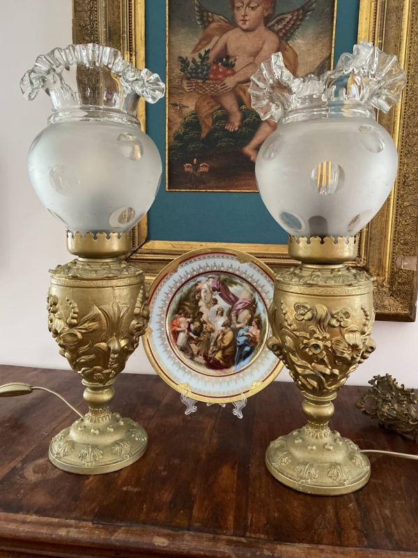 Antique Brass Electric Table Lamps with Frosted Glass Shades, Possibly Italian, Set of Two