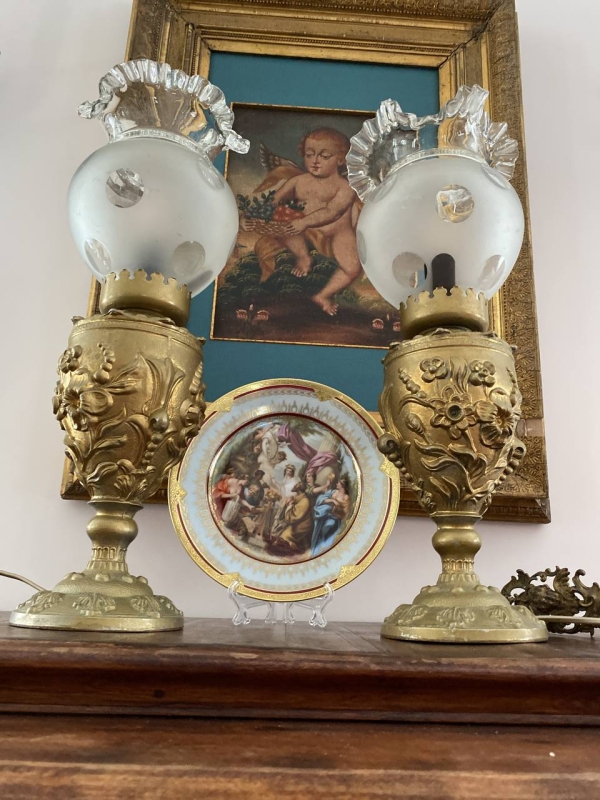 Antique Brass Electric Table Lamps with Frosted Glass Shades, Possibly Italian, Set of Two