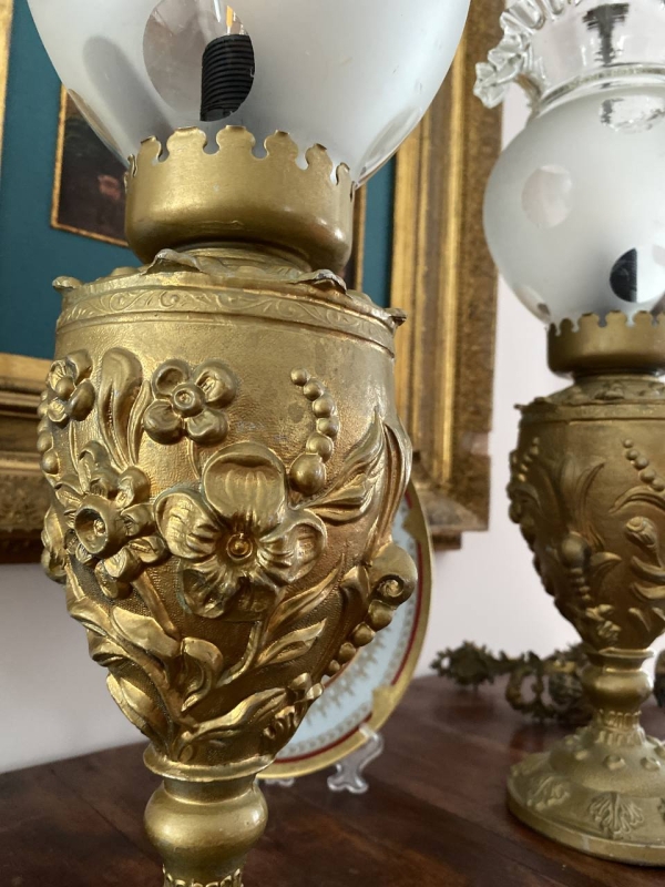 Antique Brass Electric Table Lamps with Frosted Glass Shades, Possibly Italian, Set of Two