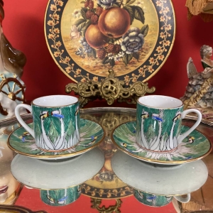 Mid-Century Chinese or Japanese Bone China Coffee Cup and Saucer Set with Butterfly and Bok Choy Design
