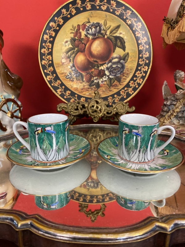 Mid-Century Chinese or Japanese Bone China Coffee Cup and Saucer Set with Butterfly and Bok Choy Design