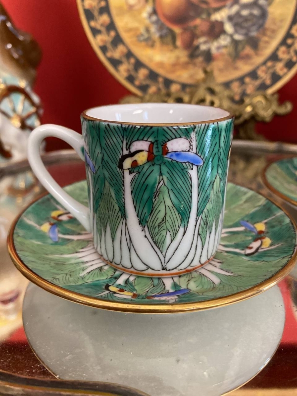 Mid-Century Chinese or Japanese Bone China Coffee Cup and Saucer Set with Butterfly and Bok Choy Design