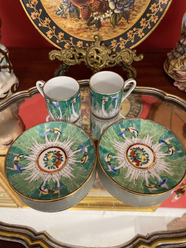 Mid-Century Chinese or Japanese Bone China Coffee Cup and Saucer Set with Butterfly and Bok Choy Design