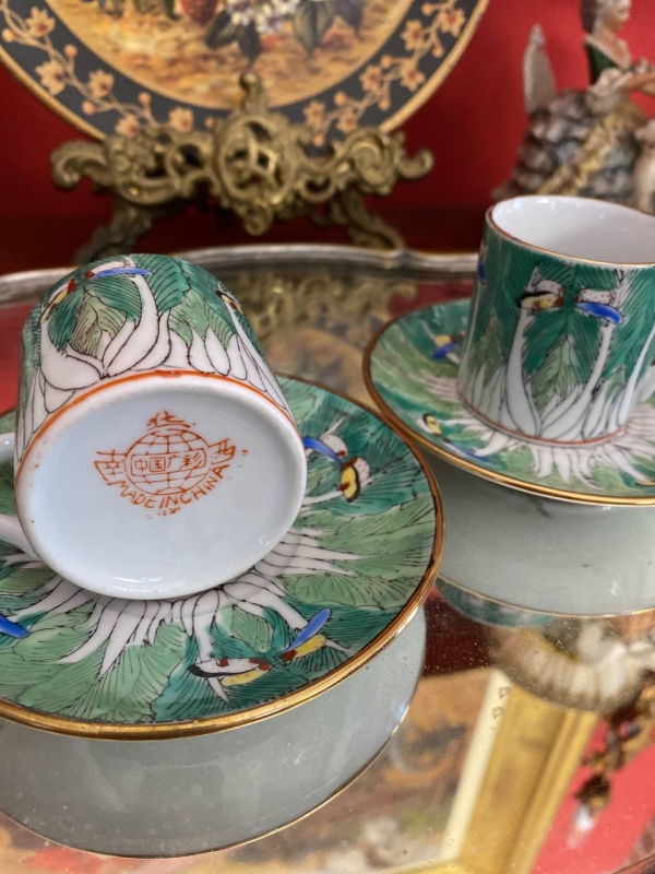 Mid-Century Chinese or Japanese Bone China Coffee Cup and Saucer Set with Butterfly and Bok Choy Design