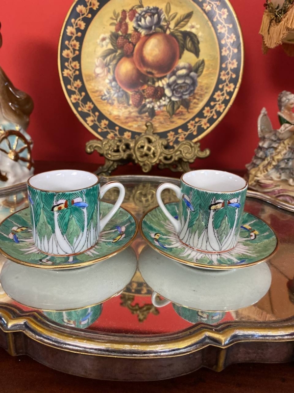 Mid-Century Chinese or Japanese Bone China Coffee Cup and Saucer Set with Butterfly and Bok Choy Design