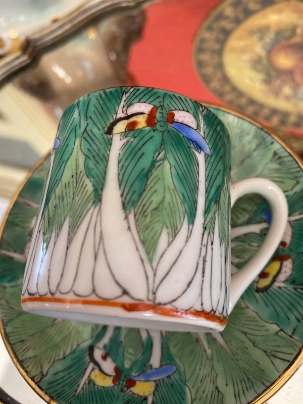 Mid-Century Chinese or Japanese Bone China Coffee Cup and Saucer Set with Butterfly and Bok Choy Design