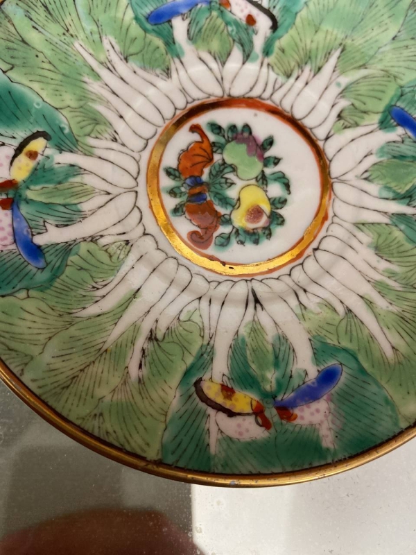 Mid-Century Chinese or Japanese Bone China Coffee Cup and Saucer Set with Butterfly and Bok Choy Design