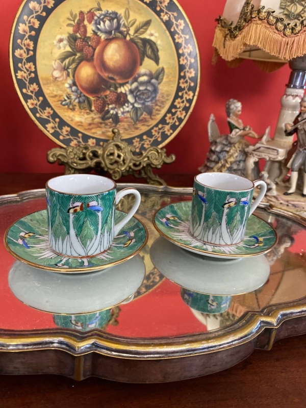 Mid-Century Chinese or Japanese Bone China Coffee Cup and Saucer Set with Butterfly and Bok Choy Design