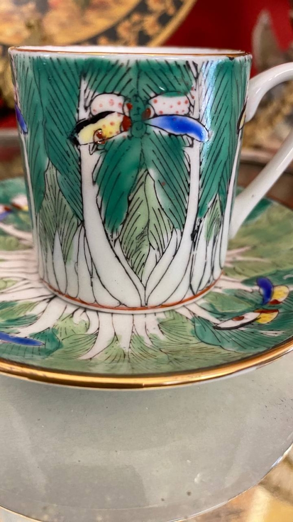 Mid-Century Chinese or Japanese Bone China Coffee Cup and Saucer Set with Butterfly and Bok Choy Design