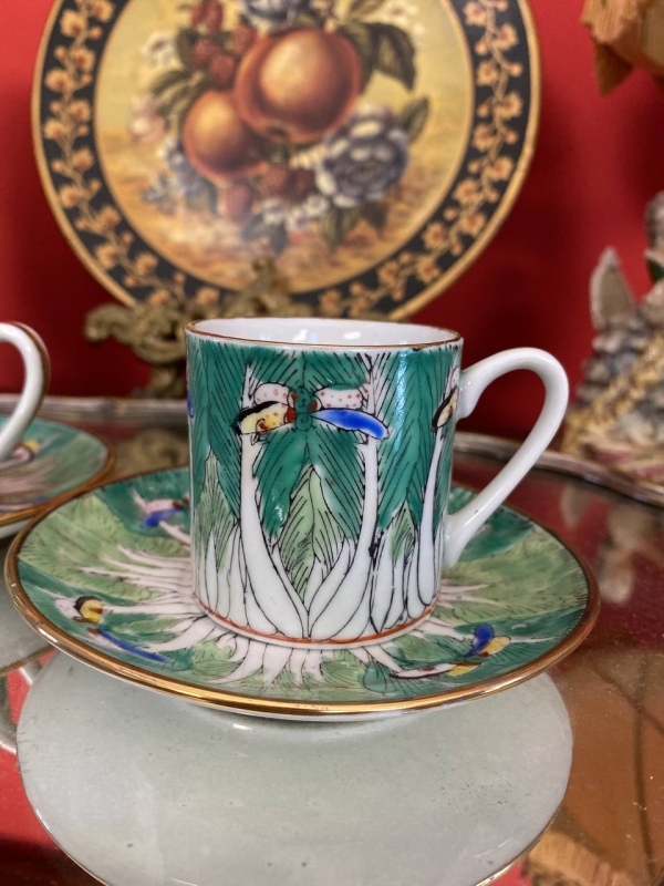 Mid-Century Chinese or Japanese Bone China Coffee Cup and Saucer Set with Butterfly and Bok Choy Design