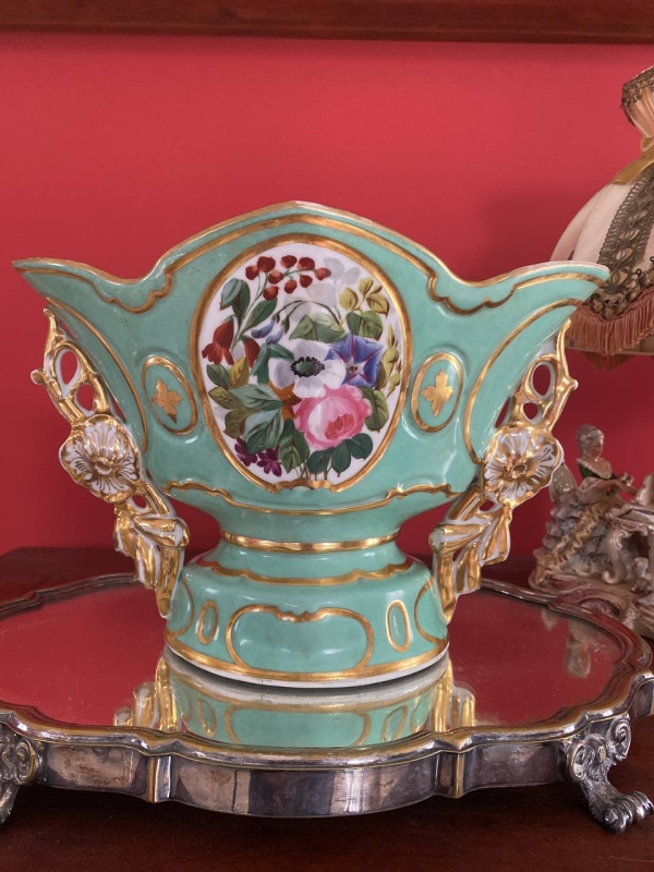 19th Century French Old Paris Vase in Soft Mint Green with Hand-Painted Floral Decoration