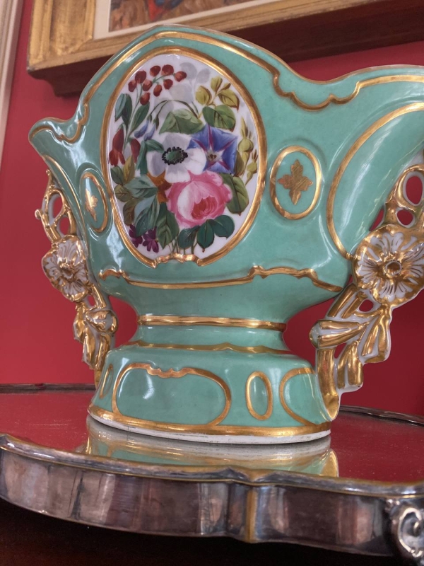 19th Century French Old Paris Vase in Soft Mint Green with Hand-Painted Floral Decoration