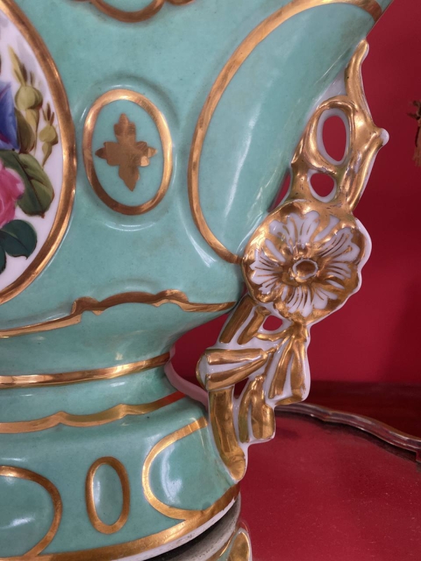 19th Century French Old Paris Vase in Soft Mint Green with Hand-Painted Floral Decoration