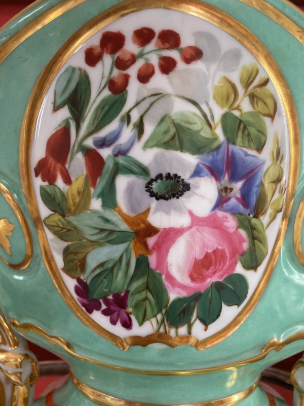 19th Century French Old Paris Vase in Soft Mint Green with Hand-Painted Floral Decoration
